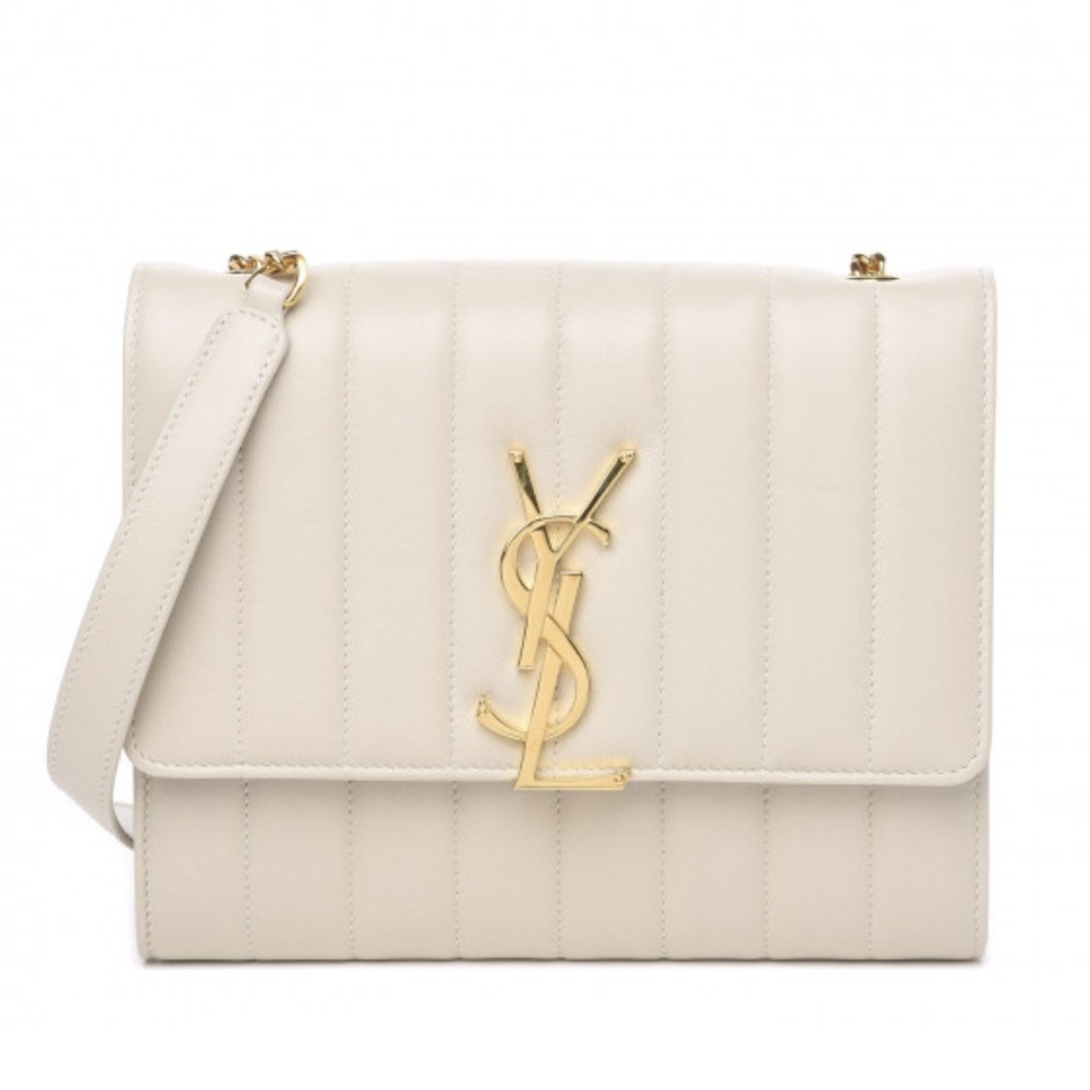 Saint Laurent  Lambskin Matelasse Monogram Vicky Wallet on a Chain Off White
